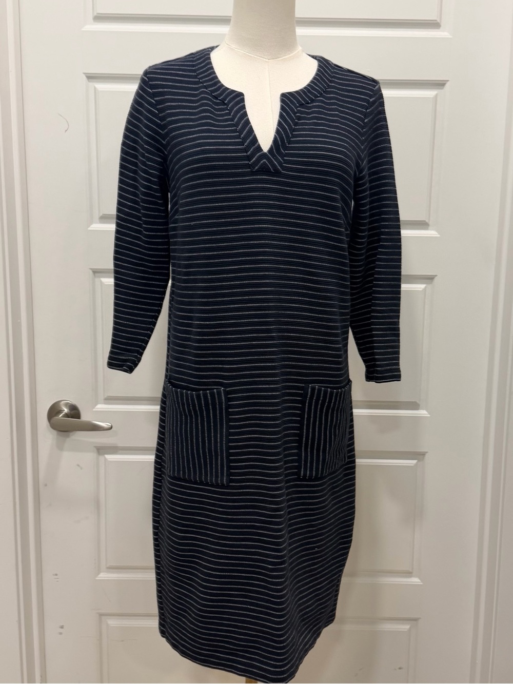 J. Jill Navy and White Striped Long Sleeve Tunic Dress